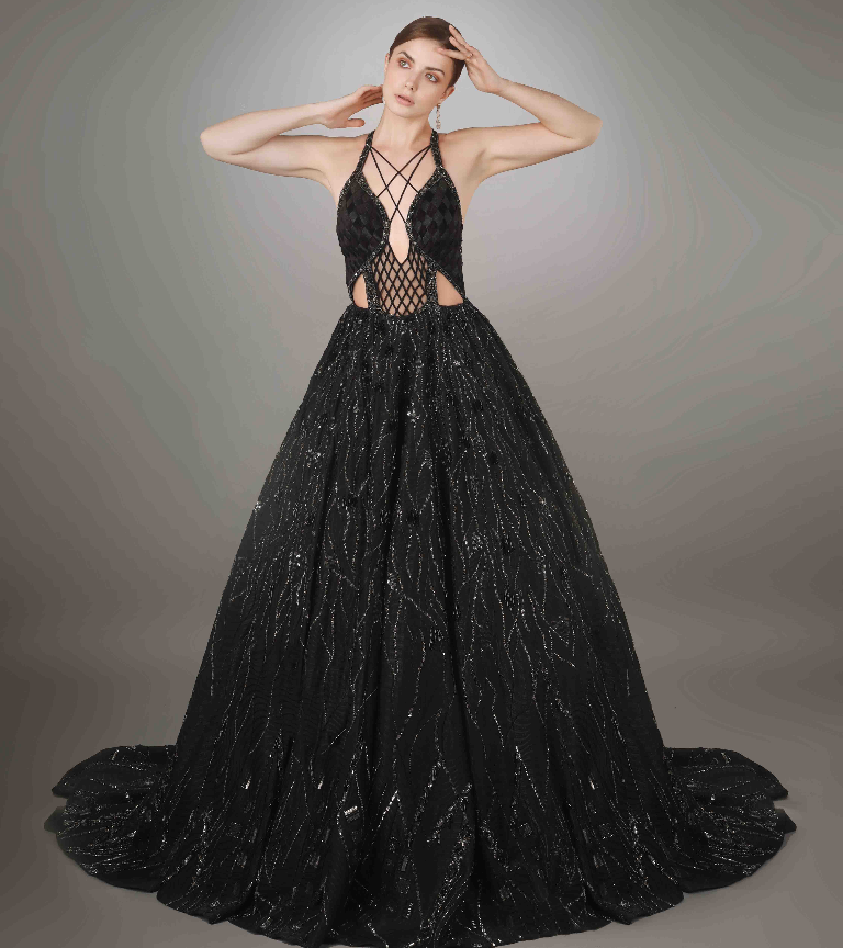 Black Body Cut Basket Weave Embroidered Tulle Gown