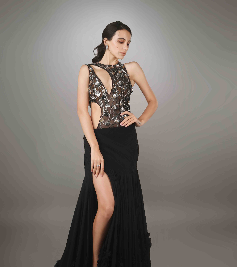 Black Body Cut Pleated Thigh High Slit Modified A-Line Gown.