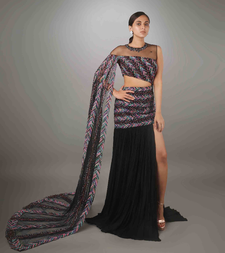 Black Body Cut Waterfall Sleeve Modified A-Line Gown