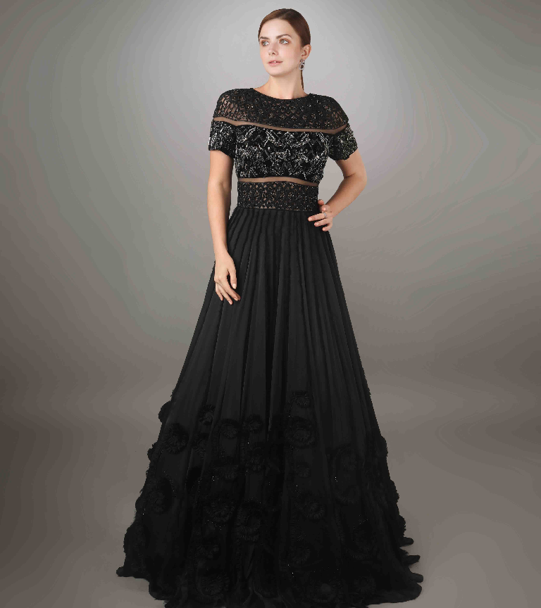Black Embroidered Cord Textured Bodice Spiral Textured Tulle Gown