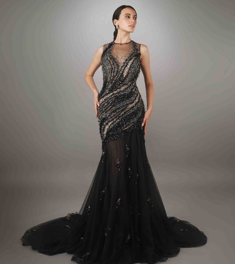 Black Embroidered Fur Texture Mermaid Trail Gown