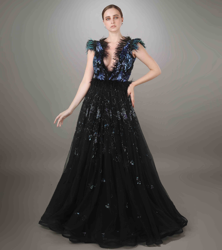 Black Embroidered Plunging Neckline Tulle Gown