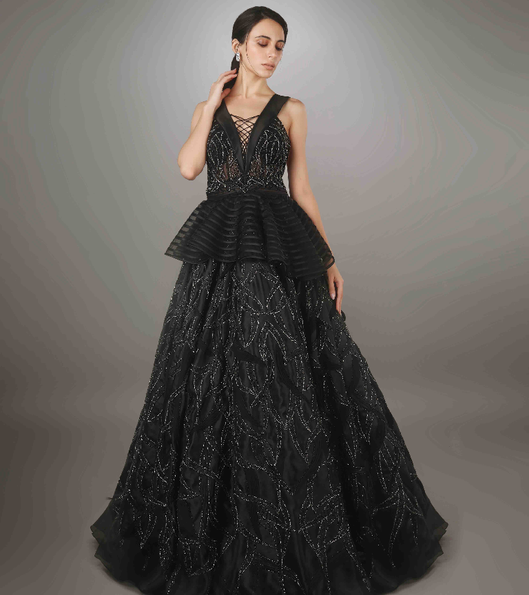 Black Heavily Embroidered and Textured Peplum Waist Tulle Gown