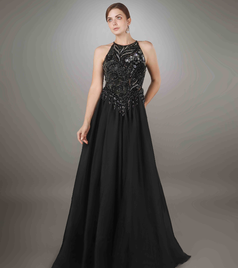 Black In-Cut Sleeve Embroidered Flowy Gown