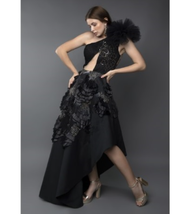 Black One Shoulder Textured Embroidery Ruched Body Cut Asymmetrical Power Shoulder Gown