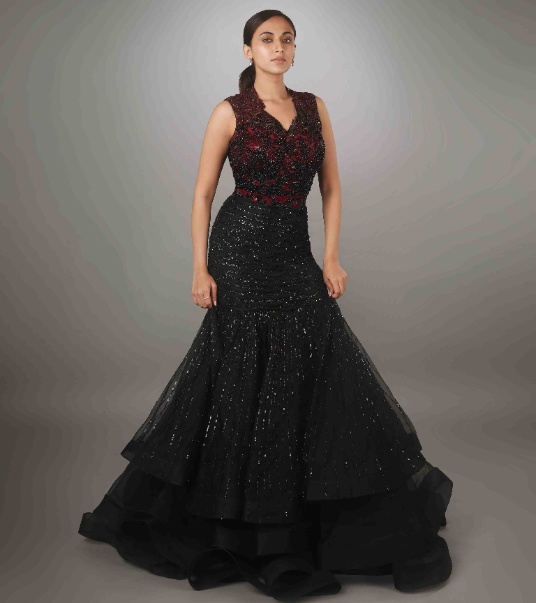 Black & Red Embroidered Textured Tulle Gown