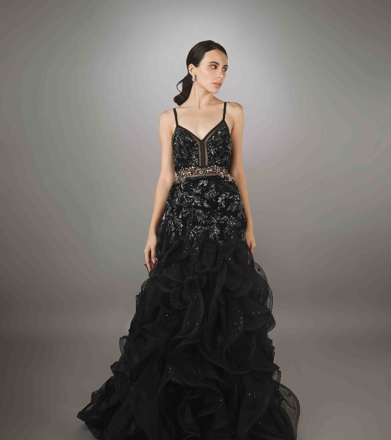 Black Velvet Embroidered Spiral Textured Gown