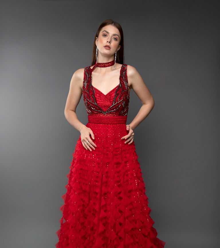 Red Embroidered Diamond Textured Modified A-Line Gown