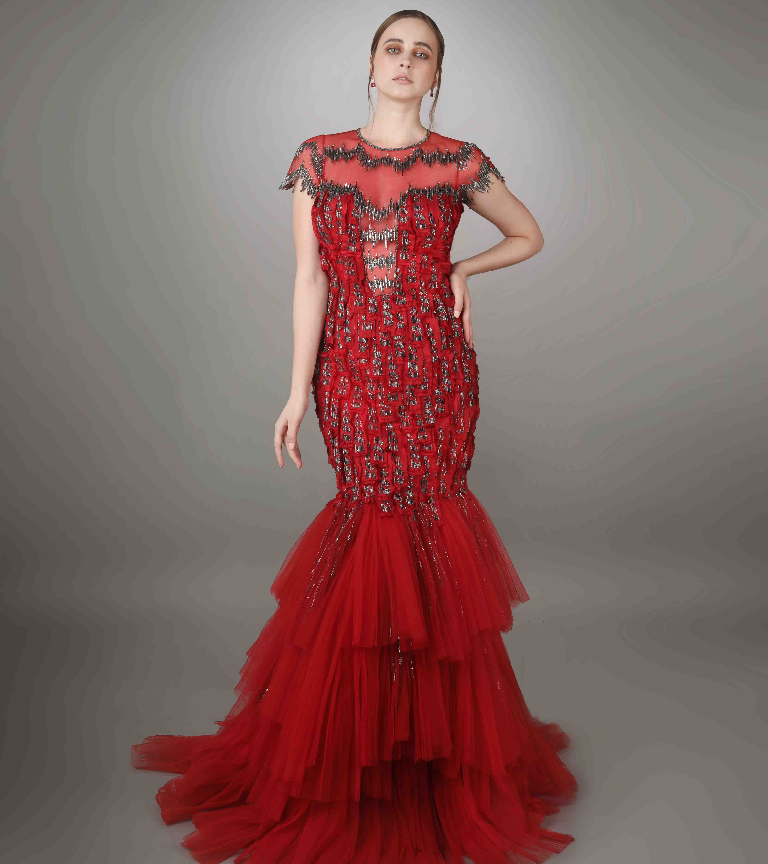 Red Fray Textured Embroidered Bodycon Mermaid Gown
