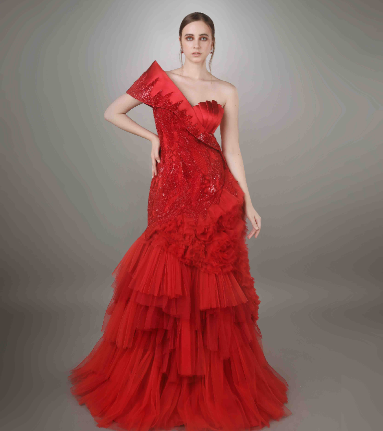 Red One Shoulder Flap Embroidered Textured Gown