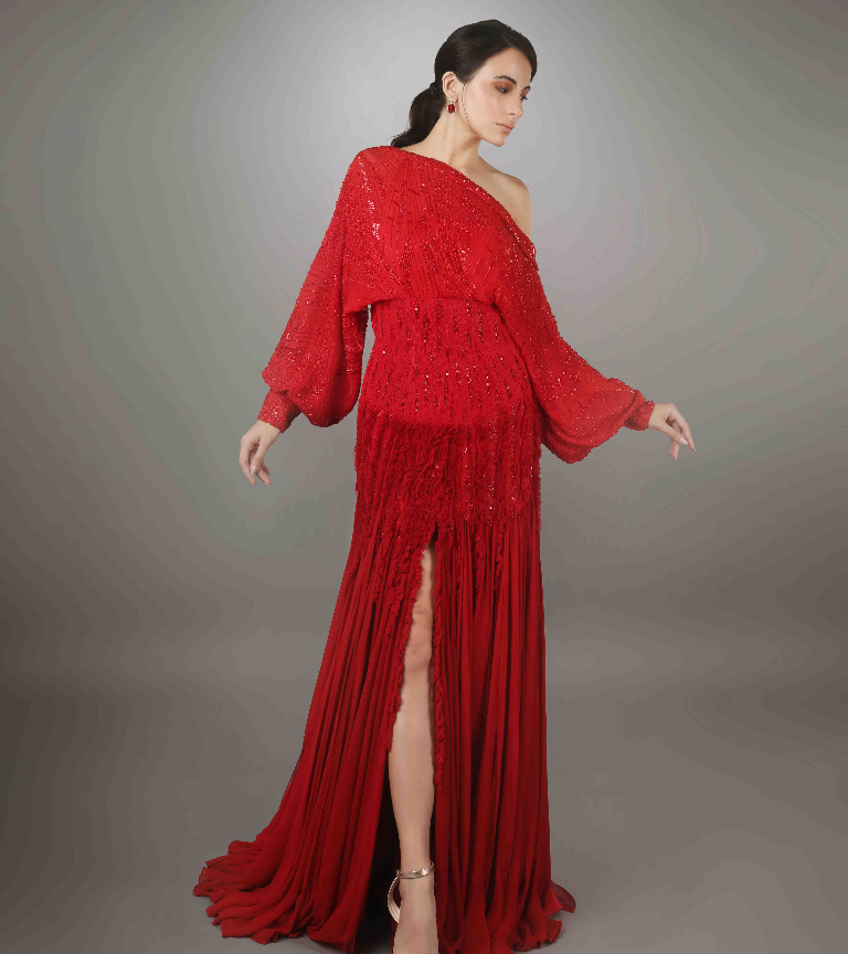 Red Poncho Style Full Sleeves Embroidered Ruffle Textured High Slit Gown