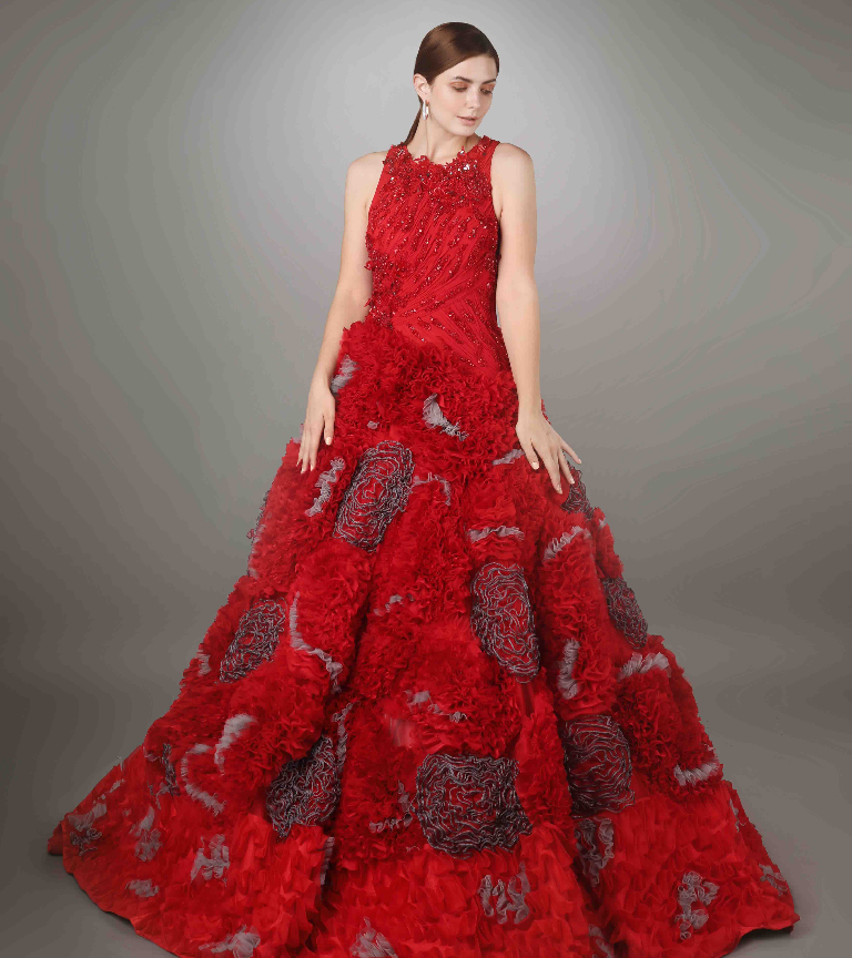 Red Ruched Embroidered Bodice Heavy Textured Gown