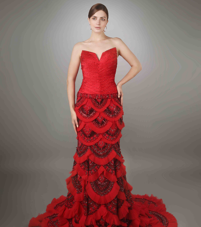 Red Sculpted Bodice Embroidered Mermaid Gown