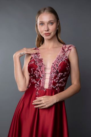 Red Embroidered Sequin Plunge Gown