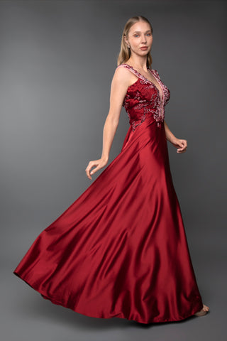 Red Embroidered Sequin Plunge Gown