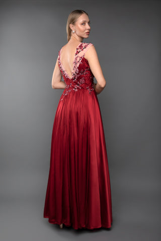 Red Embroidered Sequin Plunge Gown