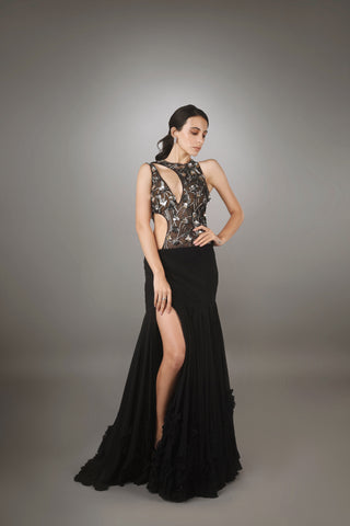 Midnight Blossom Cut-Out Gown