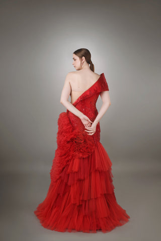 Crimson Ruffle Mermaid Gown