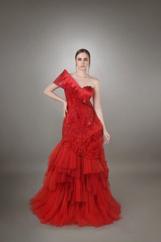 Crimson Ruffle Mermaid Gown