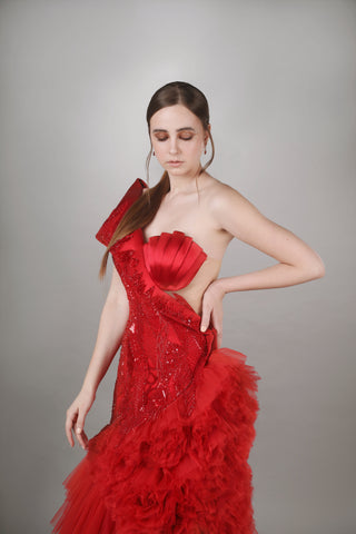 Crimson Ruffle Mermaid Gown